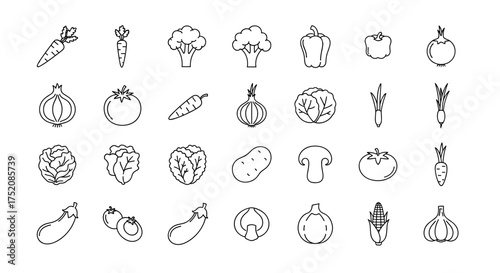 Vegetable icons big set. Healthy food outline symbols. Linear veggie signs collection. Fresh farm vegetables for market or menu. Thin line art pictogram pack for web design.