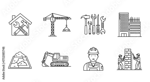 Construction and building line icon set. Symbols for industry, engineering, architecture. Contains worker, crane, excavator, tools, house repair, mason, skyscraper. Vector.