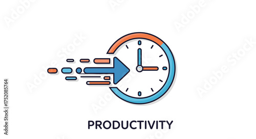 Productivity concept with time management and efficiency icon. Fast forward arrow moving into a clock. Metaphor for speed, progress, urgency, and meeting deadlines in business.