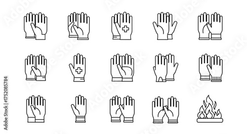 Line art set of protective gloves icons. Safety, medical, and work gloves. Hand protection symbols, industrial vector collection, safety equipment, fire resistant, simple outline.