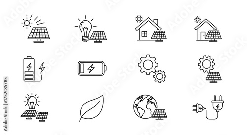 Solar energy line icon set. Renewable power and green technology concept. Pictogram collection for sustainability. Eco friendly house, sun, battery, planet earth symbols.