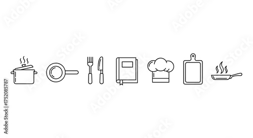 Cooking and kitchen icon set. Vector line art symbols for food preparation, restaurant menu, and culinary blog. Chef hat, recipe book, pot, pan, cutlery, and cutting board.