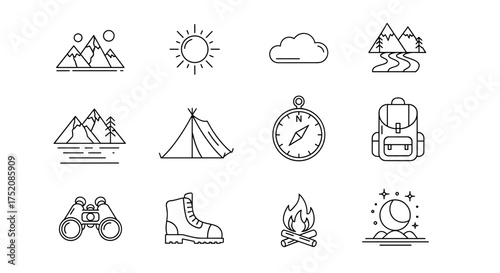 Camping and hiking thin line icon set. Outdoor adventure, travel, exploration symbols. Mountain, sun, tent, compass, campfire, backpack, boot, nature elements collection.