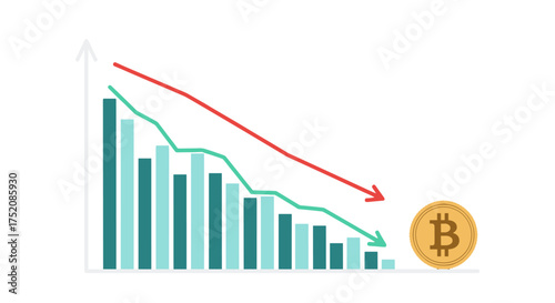Bitcoin price crash, cryptocurrency market crisis. Financial chart with red arrow going down. Bear market concept. Stock market crash illustration. Crypto value decrease graph.