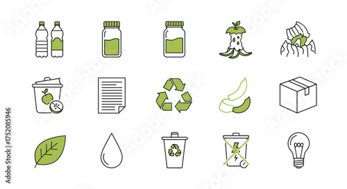 Waste sorting and recycling vector icon set. Thin line style. Ecology, environmental protection, and zero waste concept. Trash separation: paper, glass, plastic, organic.