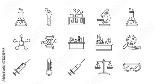 Science thin line icon set. Chemistry, biology, and medical research outline symbols. Laboratory equipment, DNA, microscope, flask, vaccine, experiment, analysis icons.