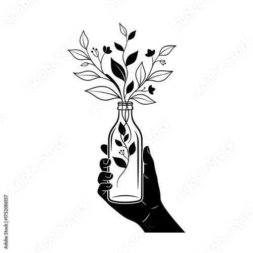 Stylish line art illustration Hand holding bottle with flourishing botanical elements, representing nature's vitality