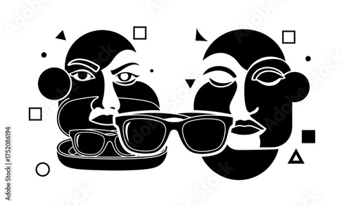 Modern abstract graphic of stylized faces adorned with chic sunglasses, exploring fashion, vision, and identity