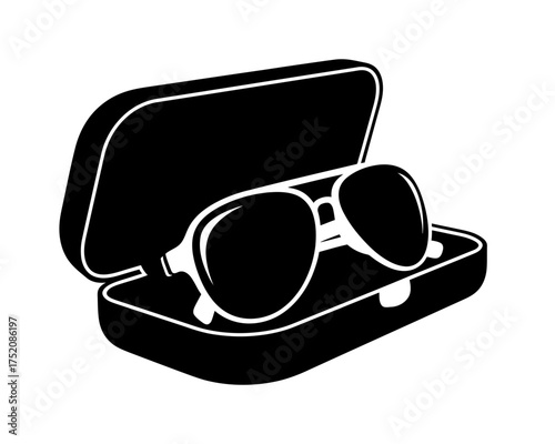 Iconic aviator style sunglasses nested within their open protective case, a sleek graphic illustration symbolizing summer fashion and essential eye protection