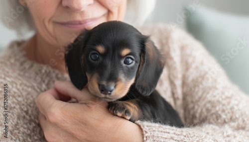 Elderly Woman Embracing Her Freshly Acquired Dachshund Puppy In Her Arms, Expressing Joy And Warmth Towards The New Pet.