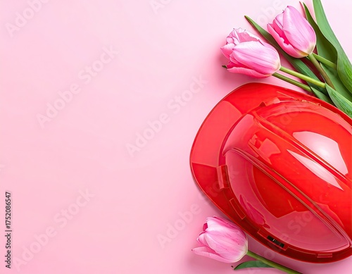 Red hard hat and pink tulips on a soft pink background.