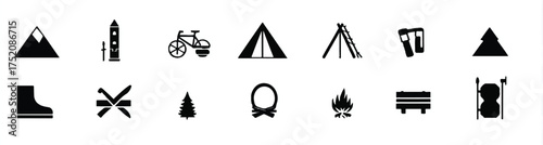 Camping and Outdoor Adventure Icon Set Featuring Essential Equipment and Elements for Wilderness Exploration