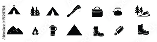 Camping Icons Black and White Set for Outdoor Adventures and Wilderness Exploration with Forest Tents and Gear