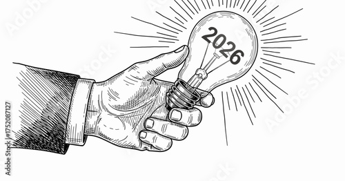 Businessman hand holding glowing light bulb with 2026 number symbolizing innovation, plans, resolutions, and new projects in the new year engraving sketch hand drawn style black and white vintage 