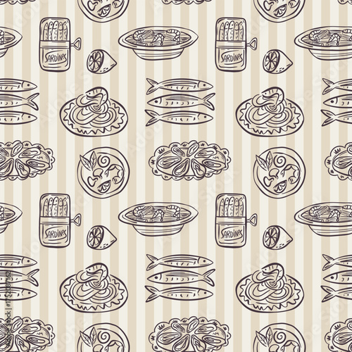 Whimsical hand drawn sea food seamless pattern in trendy whimsical style. Perfect  background for quirky italian wedding holiday, poster cards, dinner and bar menu, fabric, wrapping paper