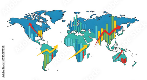 World map illustration with bar graphs and upward/downward trending arrows indicating global economic trends and data visualization.