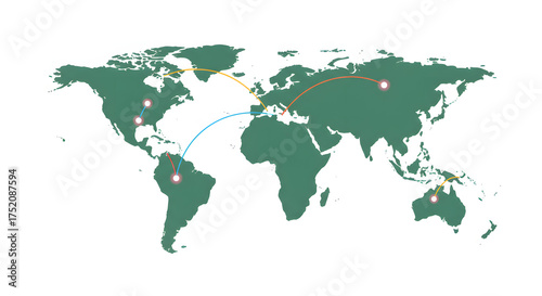 A green world map illustration with connecting lines and red dots indicating locations across continents, suggesting global connections.