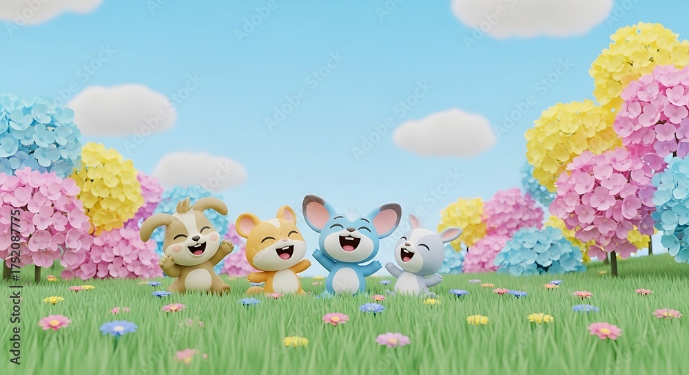Fototapeta premium Whimsical Animated Animals in a Colorful Spring Landscape.