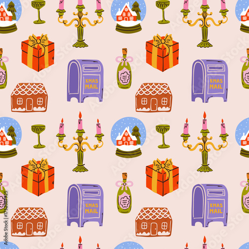 Seamless Christmas doodle pattern with cute hand drawn festive elements: trees, bows, food, and snow. Perfect for fabric, wallpaper, wrapping paper, and cozy winter holiday designs.