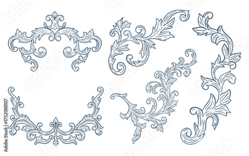 Elegant floral Baroque ornaments in blue tones. Hand-drawn minimalist line art vector design with elegant and royal ornaments . Perfect for invitations, wedding monogram, logos, and classic prints