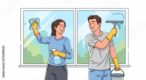 Couple Doing Window Cleaning Together With Squeegee and Rag