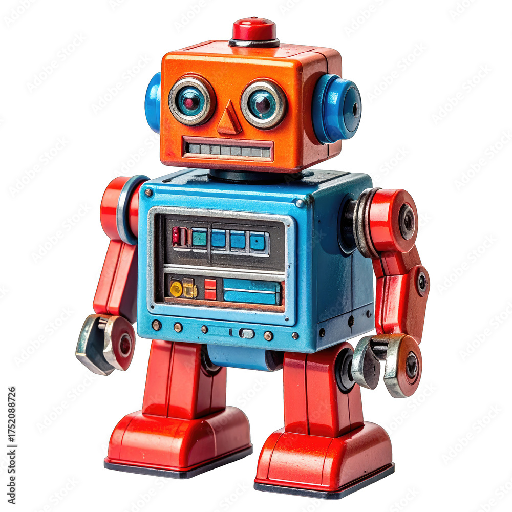 Fototapeta premium Cute orange, blue, red robot with square head and happy face