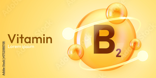 Vitamin B2 supplement concept with glossy yellow spheres and molecular structure. Vector illustration