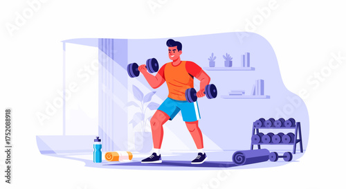 Home Workout Session Man Lifting Dumbbells For Fitness Training