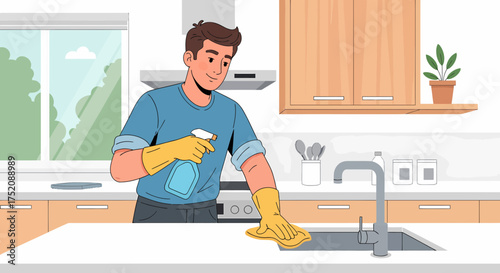 Man Cleaning Kitchen Counter With Spray Bottle And Cloth