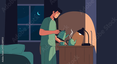 Nighttime Tea Preparation By Man In Bedroom Scene Illustration