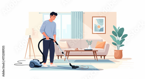 Man Vacuuming Apartment With Modern Interior And Home Decor