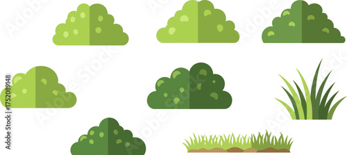 Collection of various green bushes and grass illustrations, perfect for landscape design and nature-themed projects.
