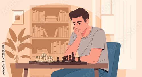 Pensive Man Contemplating Strategy During a Chess Game In His Room