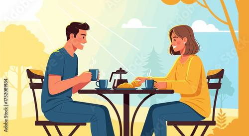 Romantic Date In The Park With Coffee And Pastries Illustration
