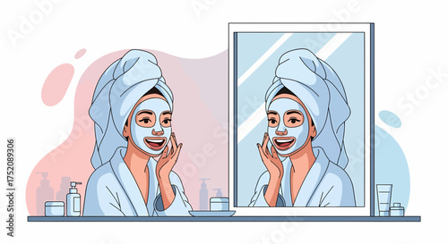 Woman Applying Facial Mask Looking At Herself In Mirror