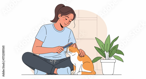 Woman Grooming Her Cat, Expressing Affection In An Indoor Setting
