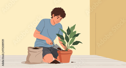 Young Man Planting Spathiphyllum in a Terracotta Pot Indoors