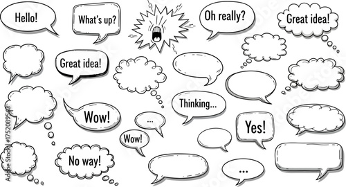 A collection of hand-drawn speech bubbles and thought clouds with various exclamations and phrases.
