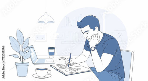 Young Man Sketches In His Studio With Laptop And Coffee