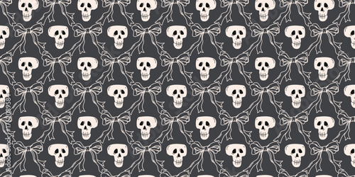Halloween seamless pattern with skulls and coquette bows. Scary ghosts, Happy Halloween endless background. Vector illustration