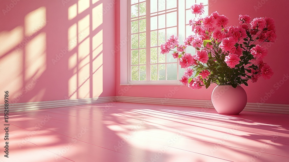 Fototapeta premium Pink room with large vase of flowers by window, sunlit.