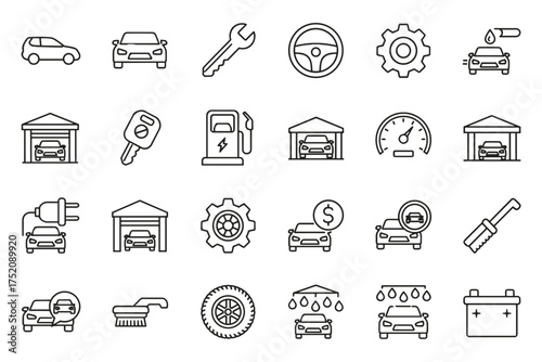 Car service and auto repair line icon set. Collection of vehicle maintenance symbols. Garage, wash, electric charging, diagnostic, oil change, and fuel station pictograms.