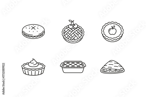 Vector line icons of assorted pies and pastries including cherry pie with lattice crust, apple pie, cream tart, fruit cobbler, and folded pastry, bakery dessert collection illustration