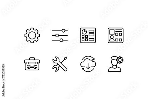 Vector line icon set for settings and preferences. UI kit for website and mobile app. Control panel, dashboard, user profile, admin tools, toolbox, cloud synchronization.