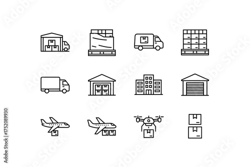 Logistics and delivery icons set. Warehouse storage and packaging, cargo trucks, pallet shipments, air freight with airplanes and drone delivery, cardboard boxes and warehouse building symbols
