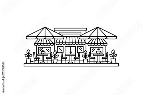 Modern outdoor cafe with umbrellas and seating, cozy coffee shop terrace with plants, tables and chairs, street cafe exterior line art, cozy dining and relaxation concept