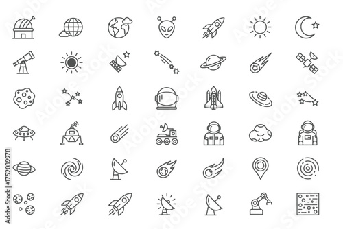 Space exploration icons set with rockets, astronauts, satellites, planets, galaxies, telescopes, UFOs, constellations, meteorites, and alien head vectors in modern line style