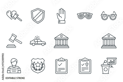 Legal and justice law icons set, courtroom gavel, police car, courthouse building, law protection shield, judge, legal documents clipboard, justice court system concept linear symbols collection