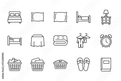 Bedroom and sleep linear icons set. Vector line art collection of household furniture and objects. Includes bed, pillow, pajamas, laundry basket and alarm clock for good night.