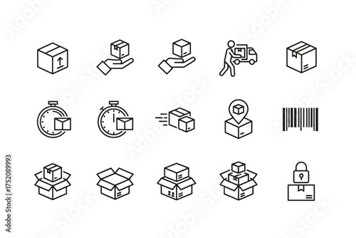 Delivery and shipping icons set, package handling line icons, parcel tracking, logistics fast shipment, barcode scanning, secure packaging, moving and storage vector symbols